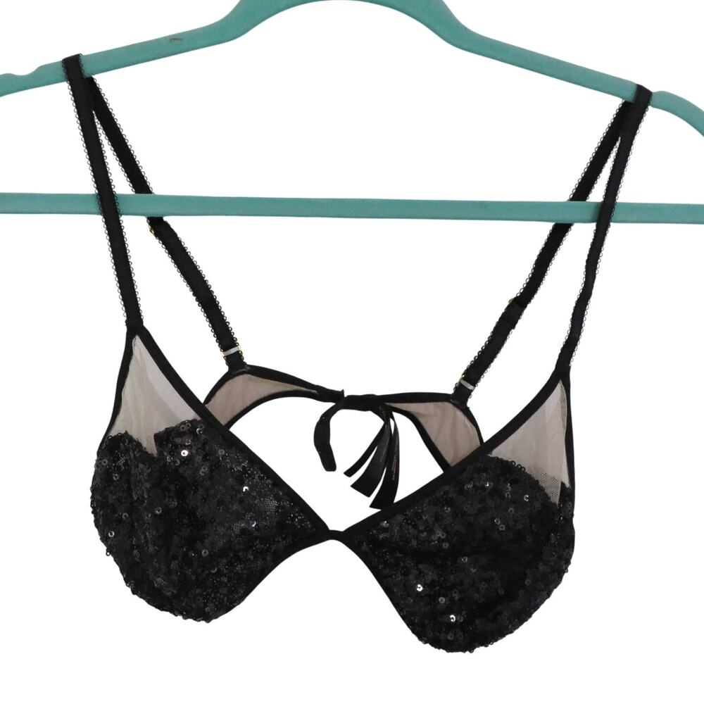 Victoria's Secret Womens Sz M Black Shimmer Sequin Lightly Lined Bra